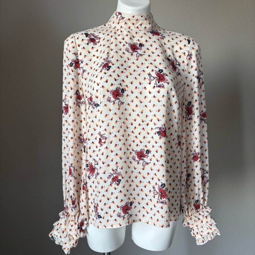 ModCloth A Grace of Ones Own Ivory Chiffon Red Pink Floral Ruffle Blouse Size M